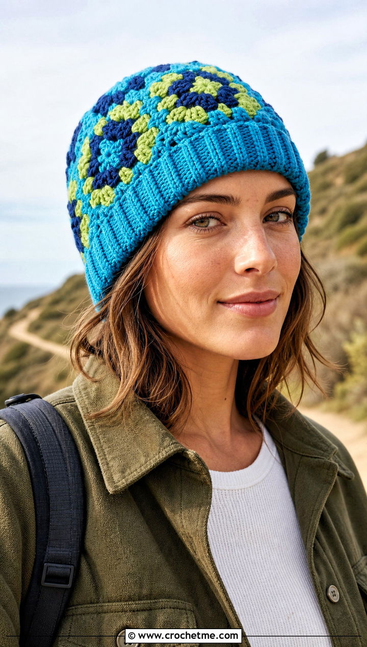 Ribbed Brim Granny Square Crochet Beanie With Shacket And Leggings - 30 granny square crochet beanie outfit ideas