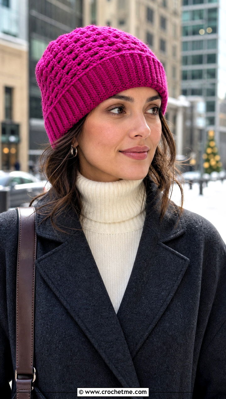 Ribbed Brim Granny Stitch Hat With Tailored Coat - 20 Granny Crochet Hat outfit ideas