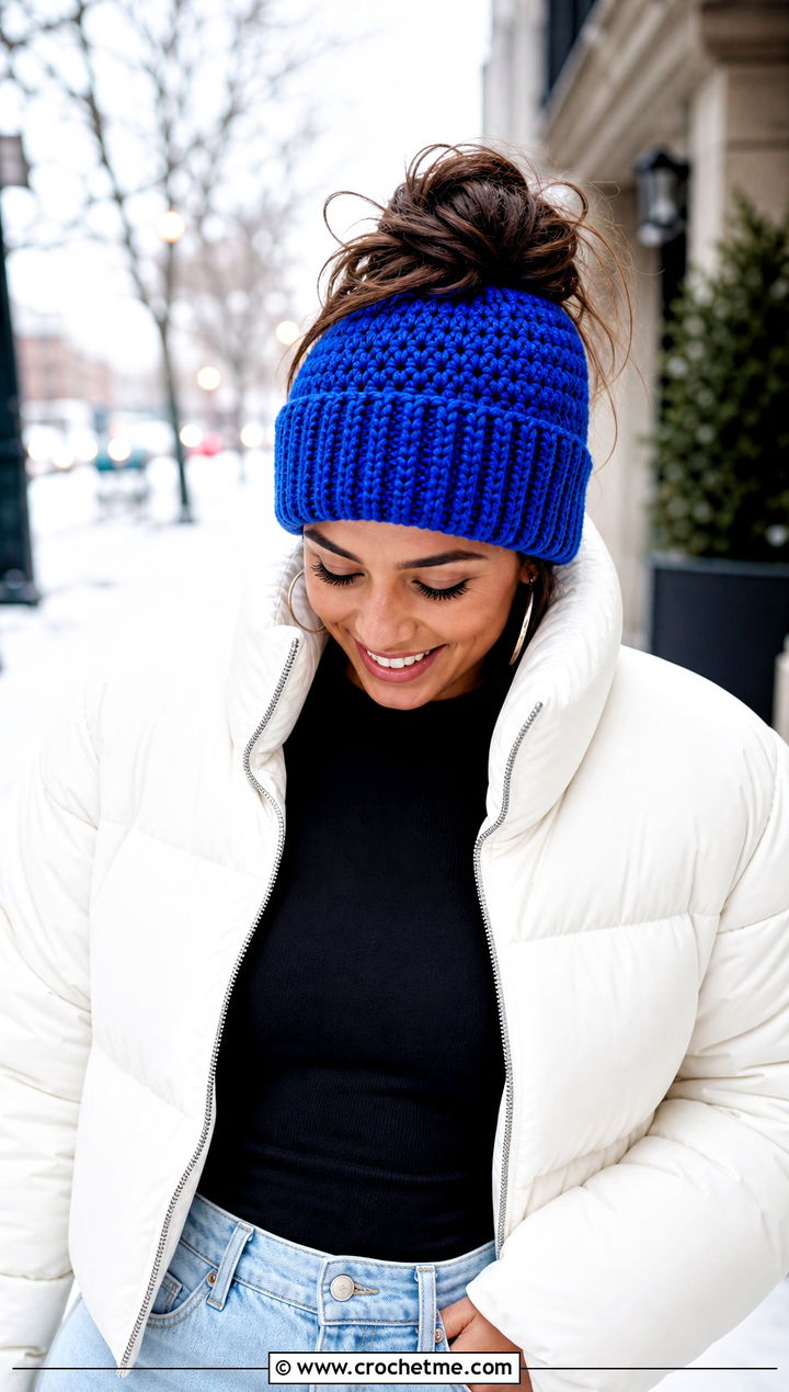 Ribbed Brim Messy Bun Crochet Hat With Puffer Jacket - 25 Messy Bun Crochet Hat outfit ideas