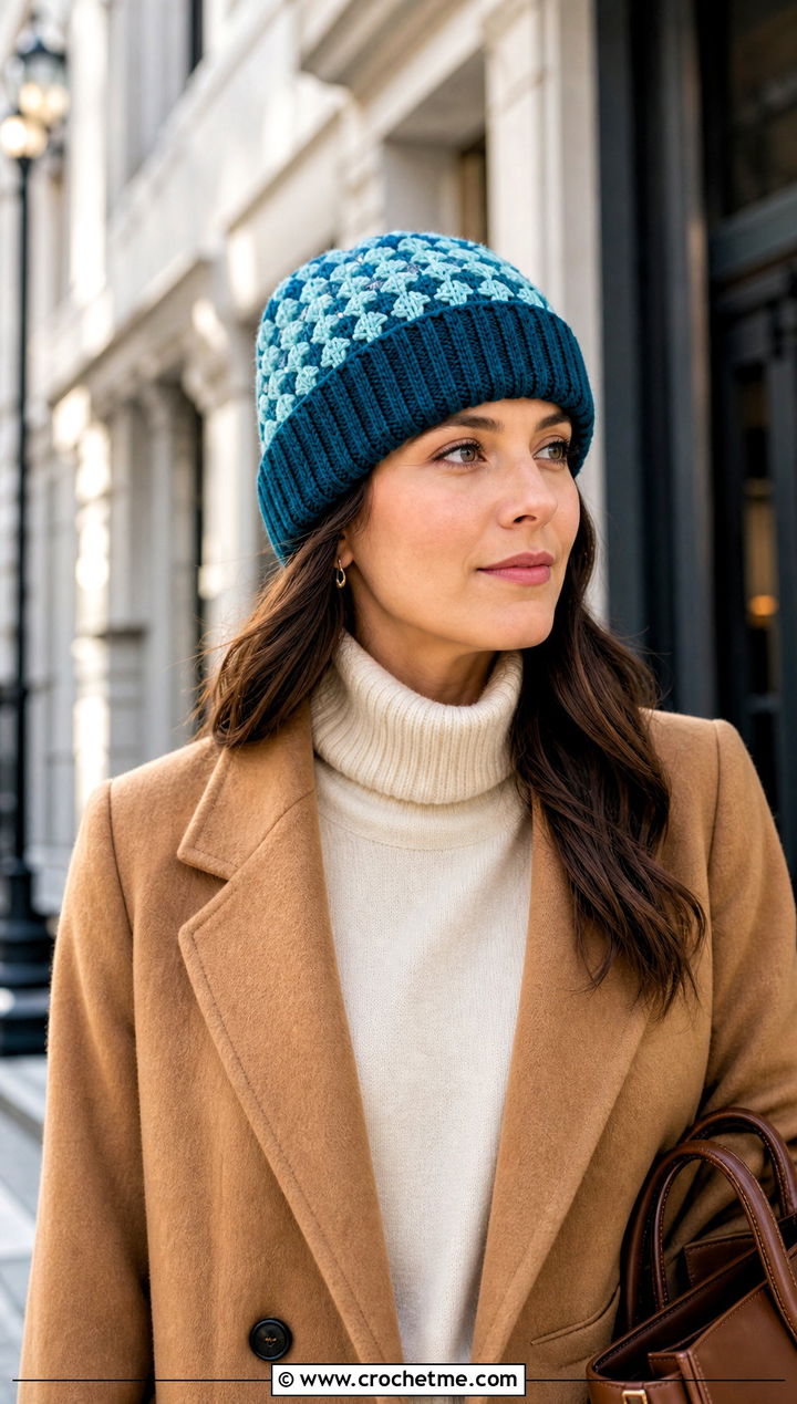 Ribbed Brim Mosaic Crochet Beanie With Wool Coat - 25 Mosaic Crochet Beanie outfit ideas