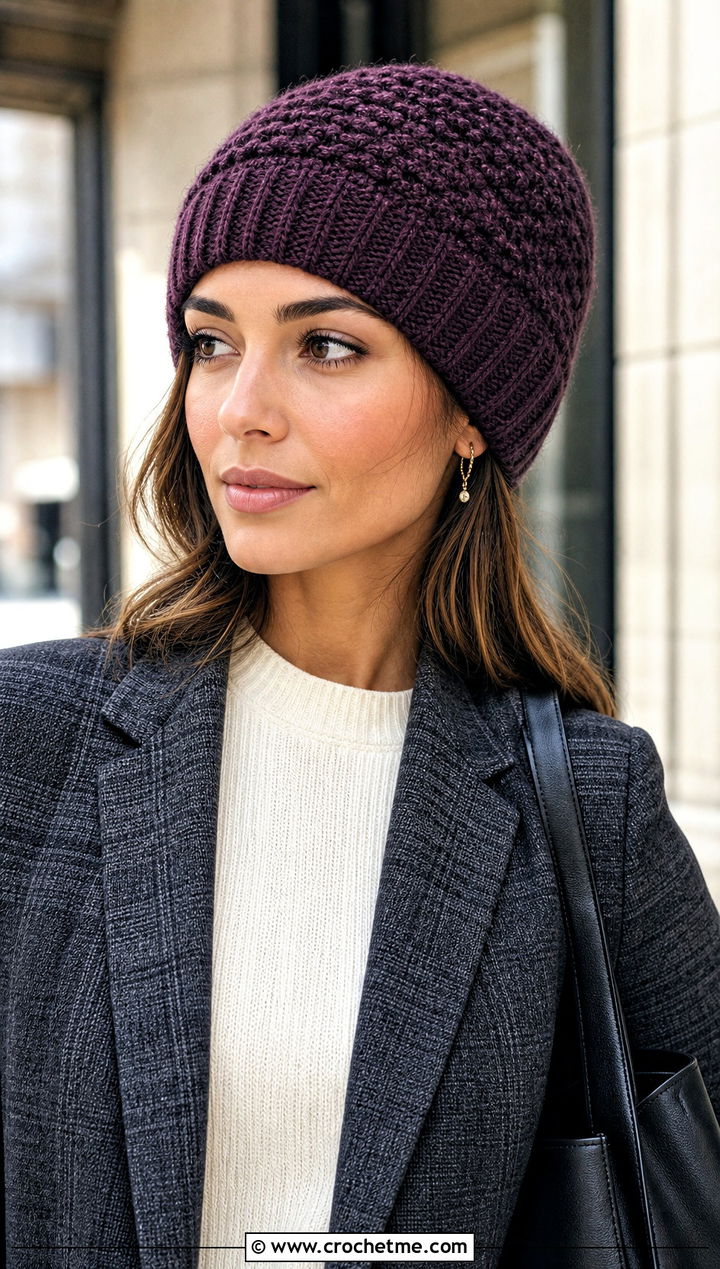 Ribbed Brim Moss Stitch Beanie With Blazer and Jeans - 25 Crochet Moss Stitch Hat outfit ideas