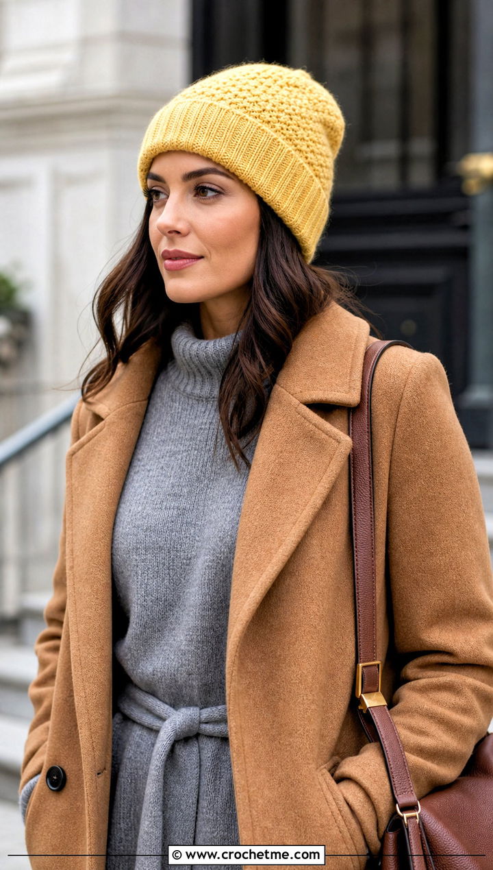 Ribbed Brim Moss Stitch Beanie With Sweater Dress - 20 Crochet Moss Stitch Beanie outfit ideas