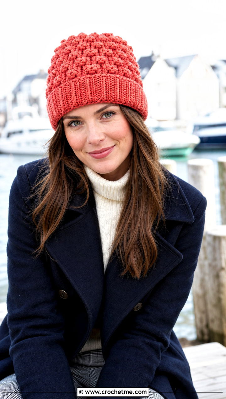 Ribbed Brim Puff Stitch Beanie With Peacoat And Plaid Trousers - 25 crochet puff stitch beanie outfit ideas
