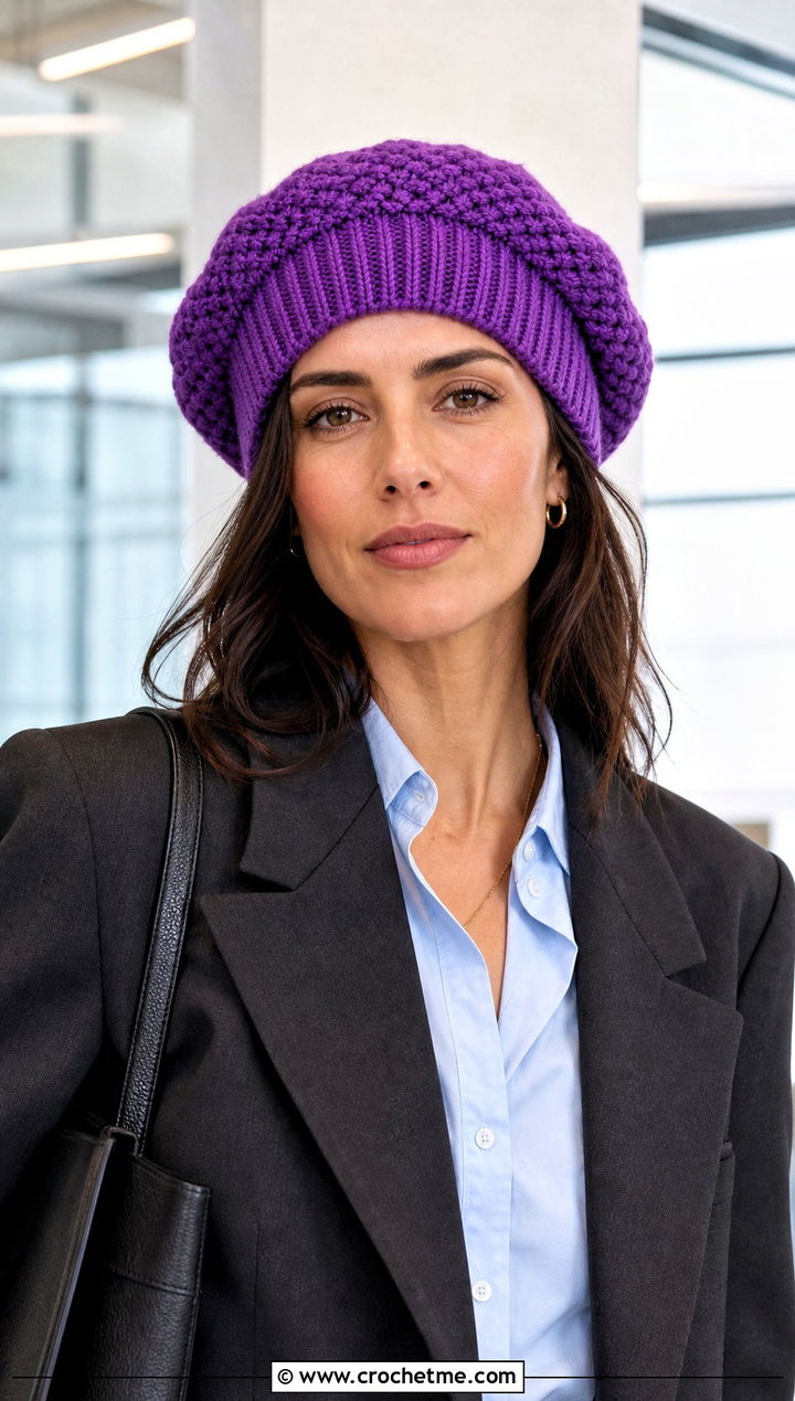 Ribbed Brim Slouchy Crochet Beret With Blazer - 25 Slouchy Crochet Beret outfit ideas