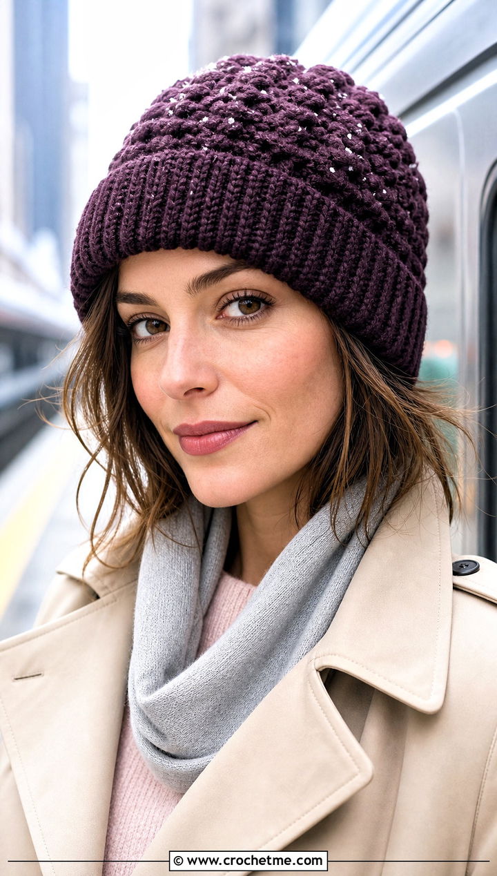 Ribbed Brim Snowy Puff Crochet Hat With Trench Coat - 15 snowy puff crochet hat outfit ideas