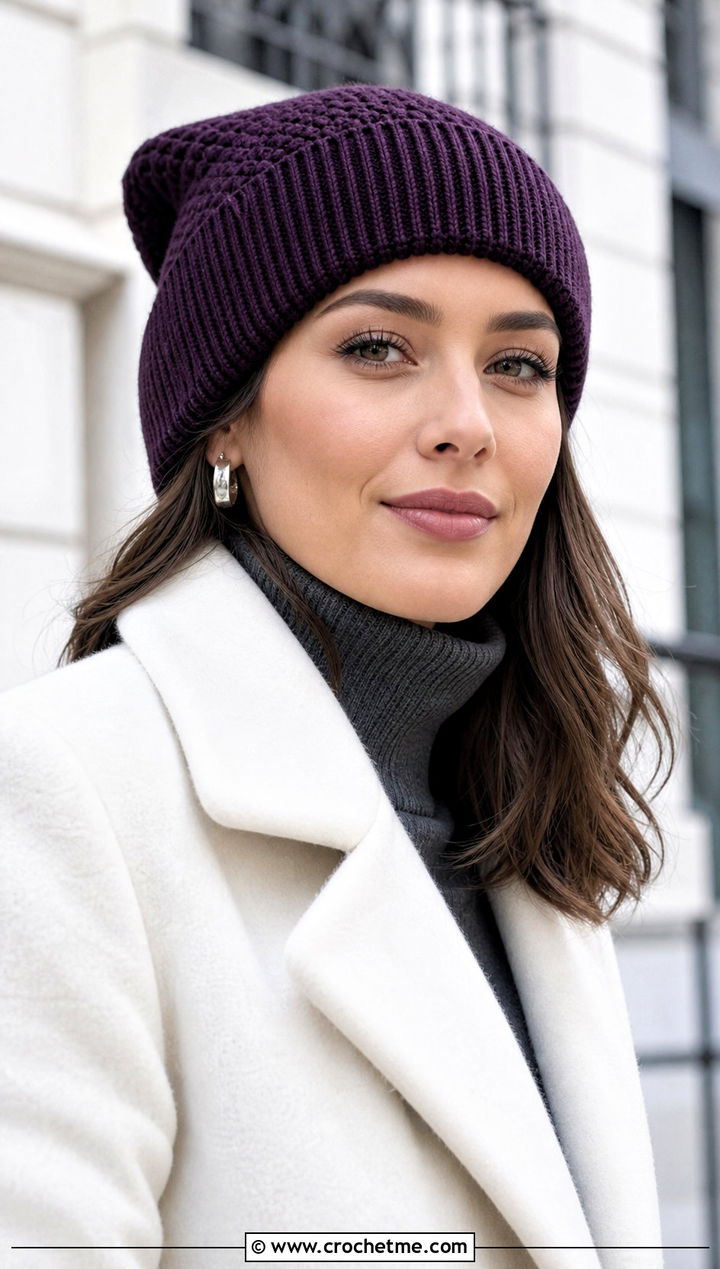 Ribbed Brim Square Beanie With Wool Coat - 25 square crochet beanie outfit ideas
