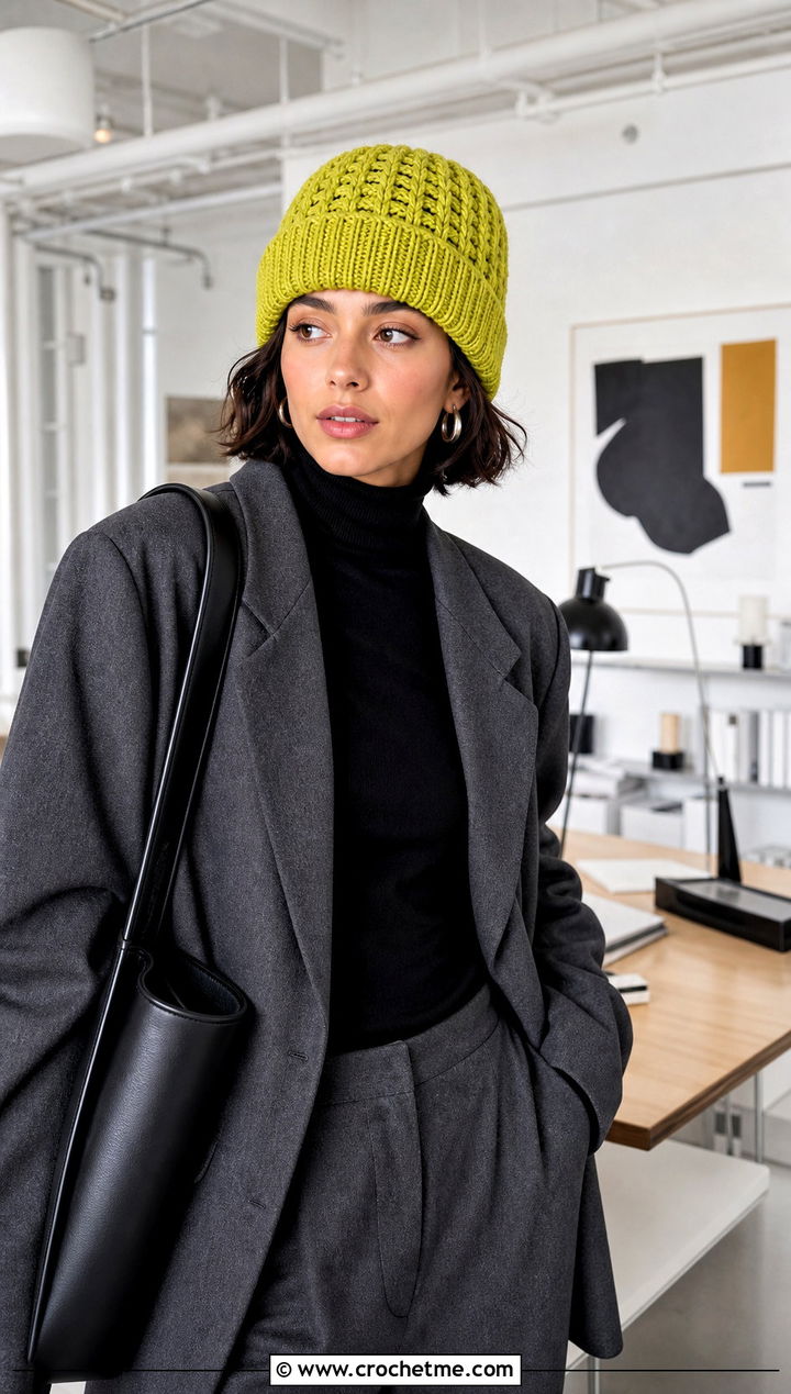 Ribbed Brim Waffle Crochet Beanie With Blazer And Trousers - 20 waffle crochet beanie outfit ideas