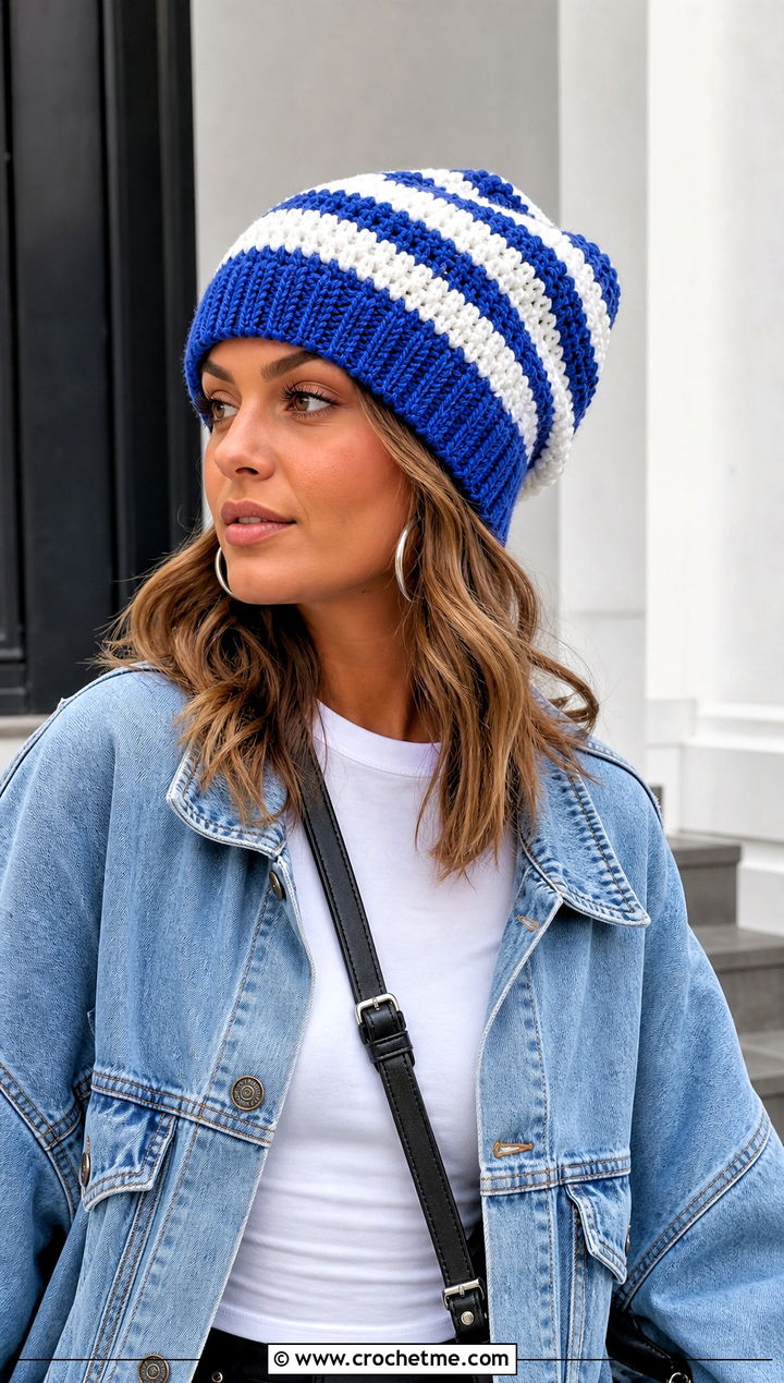 Ribbed Brim Wide Stripe Slouchy Crochet Beanie With Denim Jacket - 15 Striped Slouchy Crochet Beanie outfit ideas
