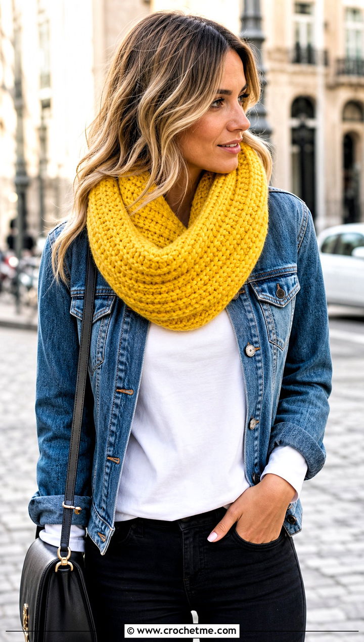 Ribbed Bulky Crochet Cowl With Denim Jacket - 20 Bulky Crochet Cowl outfit ideas