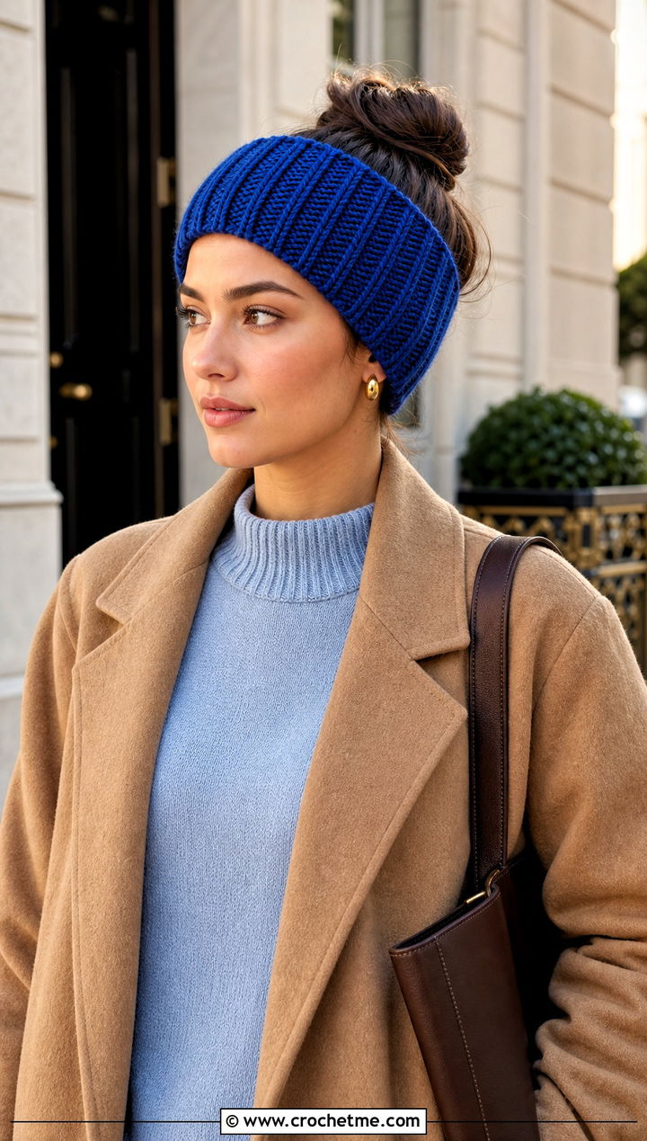 Ribbed Bulky Crochet Ear Warmer With Wool Coat - 25 Bulky Crochet Ear Warmer outfit ideas