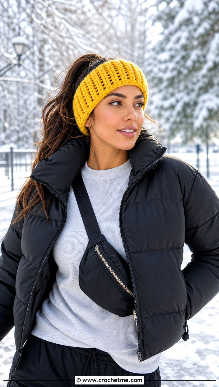 Ribbed Bulky Yarn Crochet Headband With Puffer Jacket - 25 bulky yarn crochet headband outfit ideas