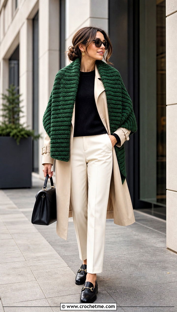 Ribbed Bulky Yarn Crochet Shawl With Trench Coat - 20 Bulky Yarn Crochet Shawl outfit ideas