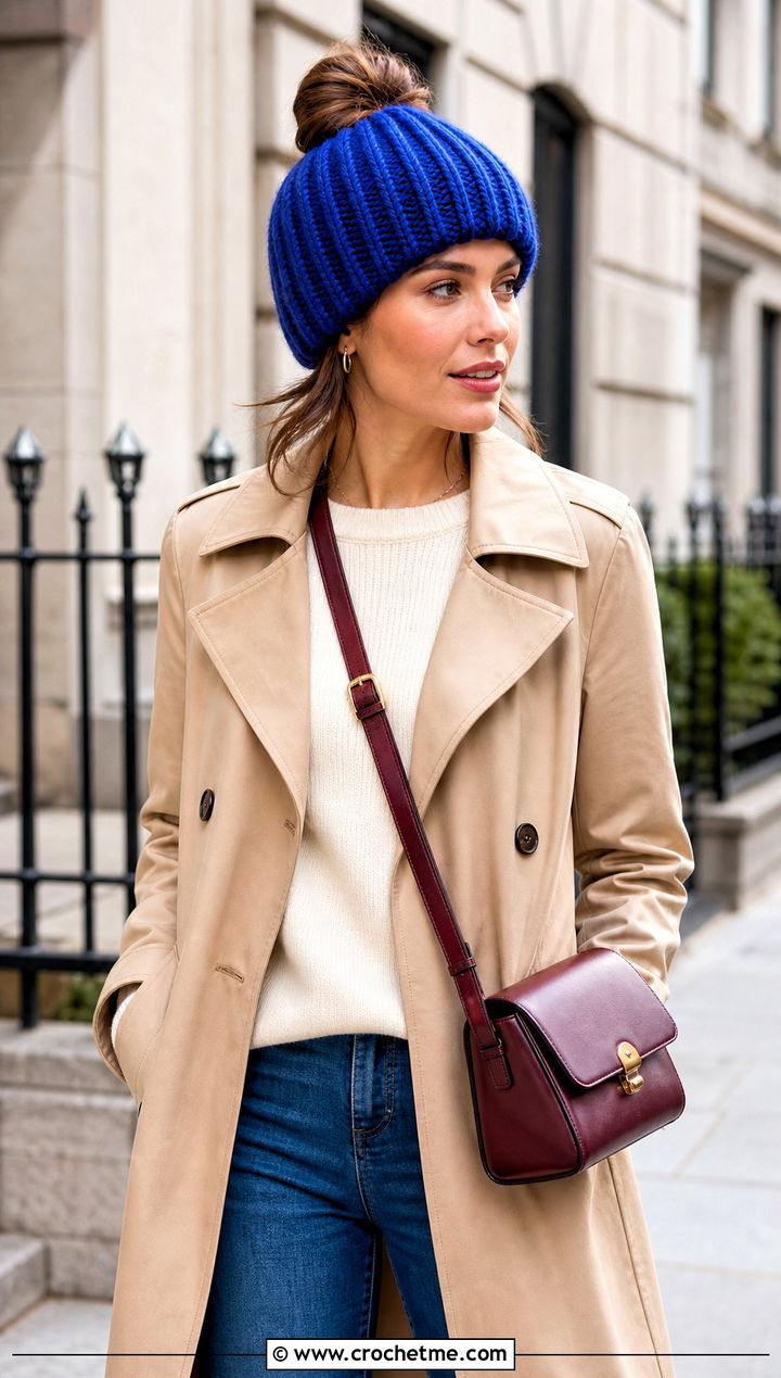 Ribbed Bun Crochet Beanie With Trench Coat And Jeans - 25 Bun Crochet Beanie outfit ideas