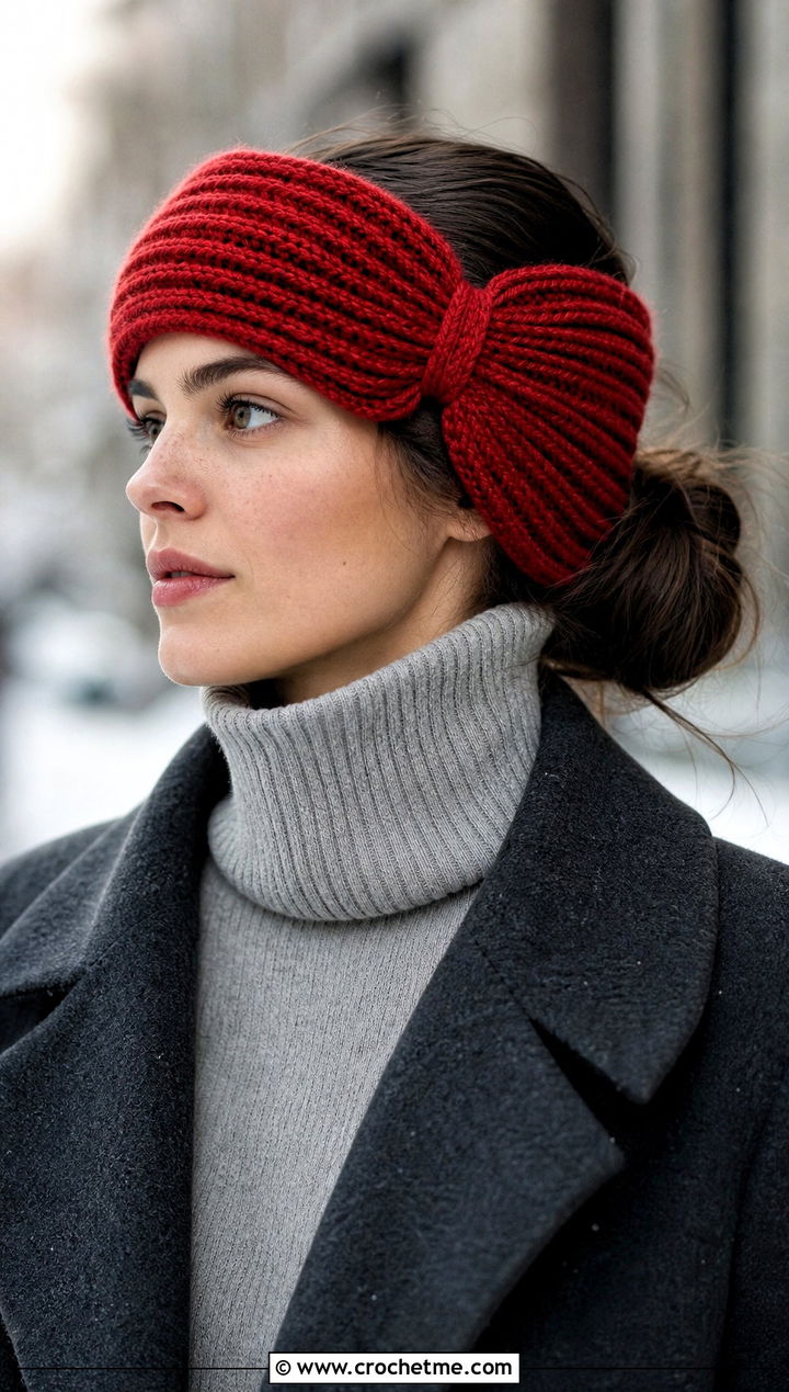 Ribbed Butterfly Crochet Ear Warmer With Wool Coat - 15 crochet butterfly headband outfit ideas