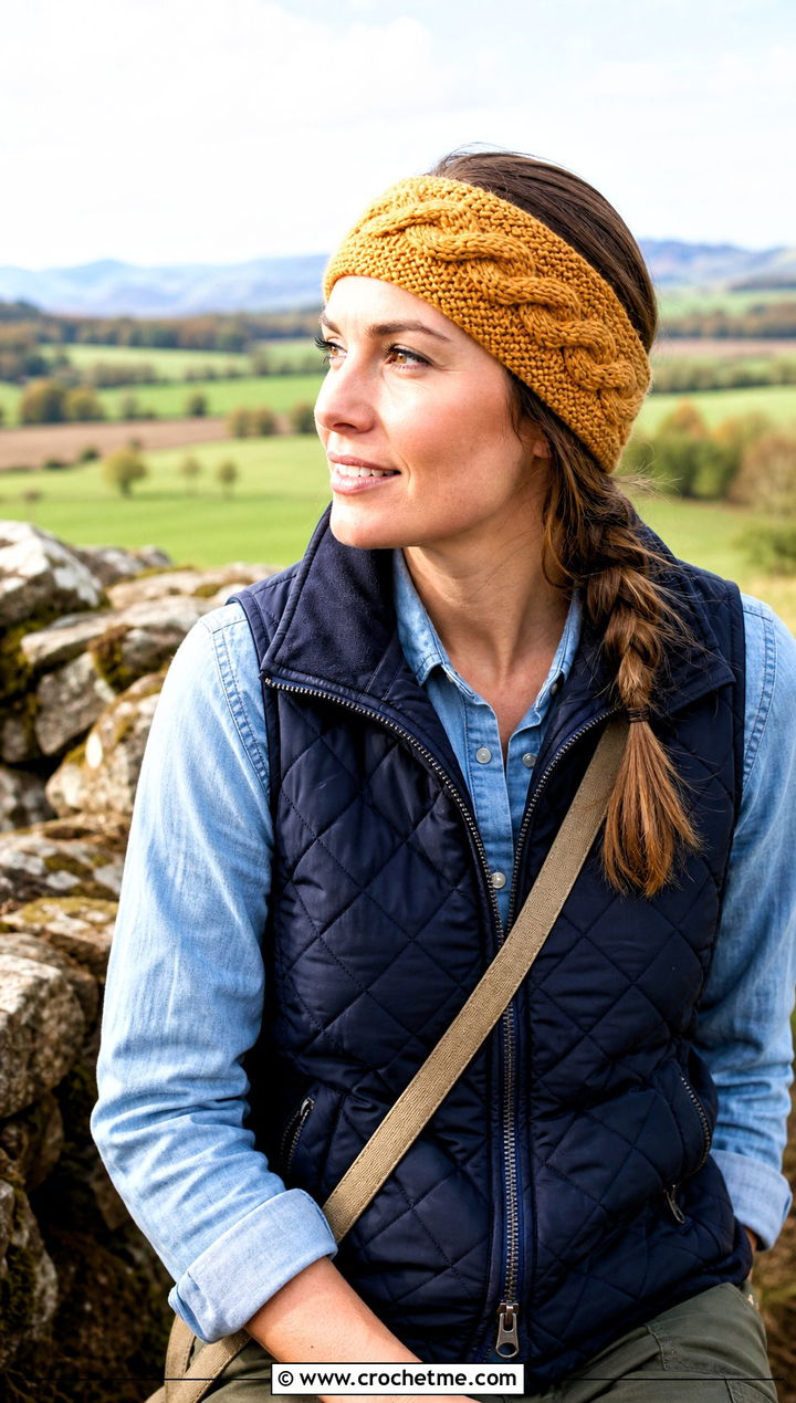 Ribbed Cable Headband With Quilted Vest - 25 crochet cable headband outfit ideas