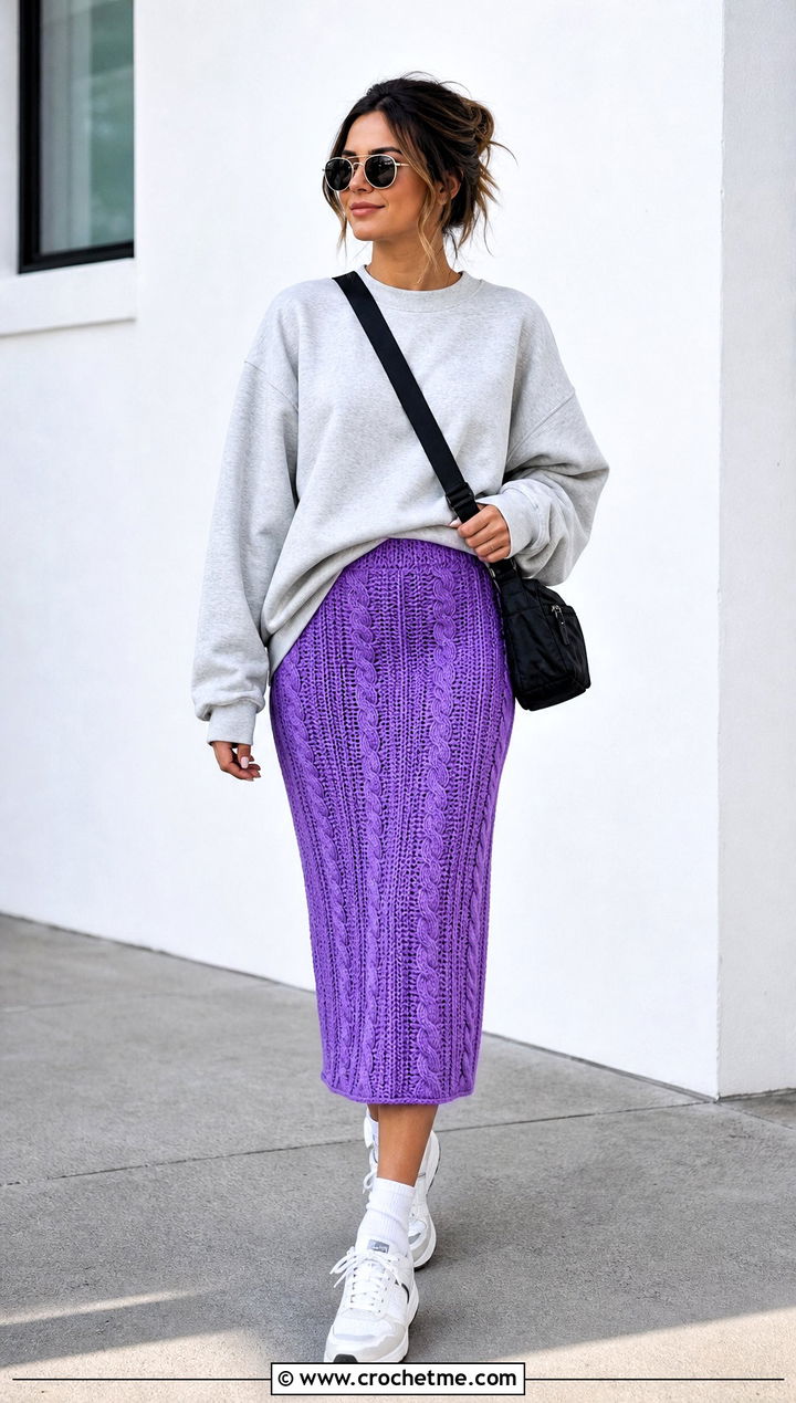 Ribbed Cable Midi Skirt With Oversized Sweatshirt - 15 crochet cable skirt outfit ideas