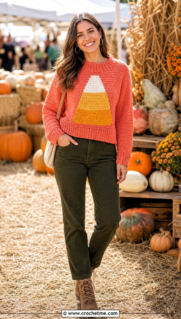 Ribbed Candy Corn Halloween Crochet Jumper With Corduroy Pants - 15 Halloween Crochet Jumper outfit ideas