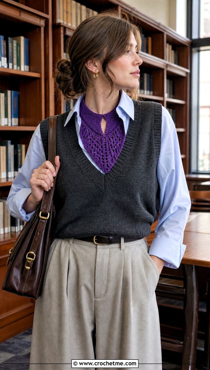 Ribbed Cari Keyhole Crochet Scarf With Vest and Wide Leg Pants - 15 Cari Keyhole Crochet Scarf outfit ideas