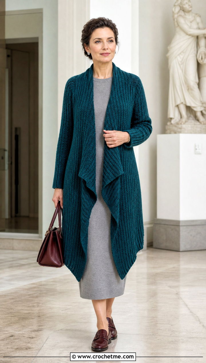 Ribbed Cascade Crochet Cardigan With Knit Column Dress - 15 cascade crochet cardigan outfit ideas