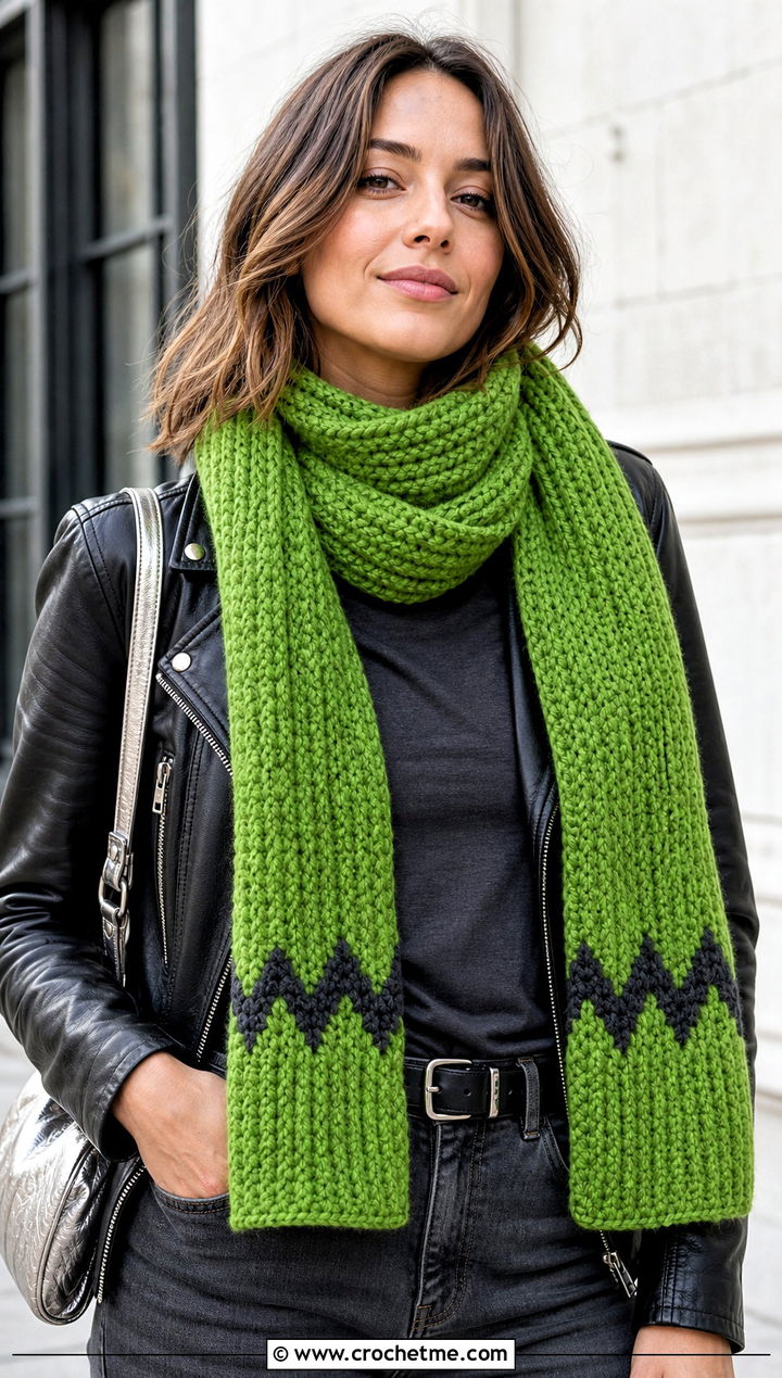 Ribbed Charlie Brown Scarf With Leather Jacket - 15 Crochet Charlie Brown Scarf outfit ideas