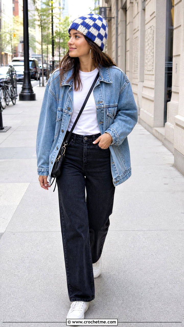 Ribbed Checkered Beanie With Denim Jacket - 35 crochet checkered beanie outfit ideas