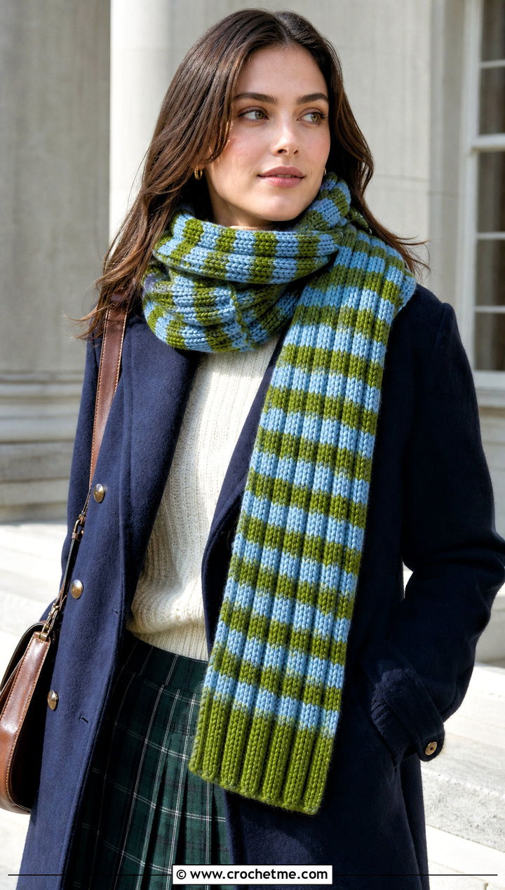 Ribbed Checkered Crochet Scarf With Peacoat and Pleated Skirt - 20 Checkered Crochet Scarf outfit ideas
