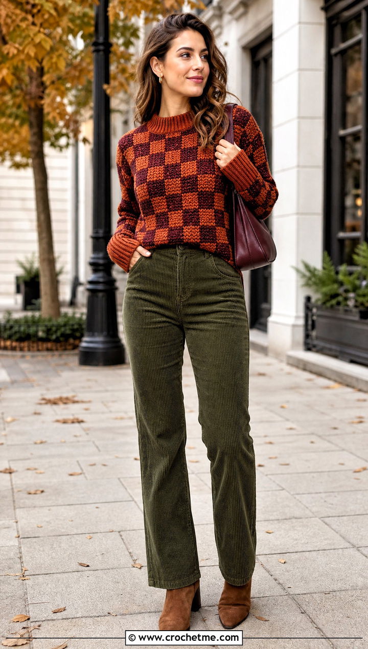 Ribbed Checkered Crochet Sweater With Corduroy Pants - 30 checkered crochet sweater outfit ideas