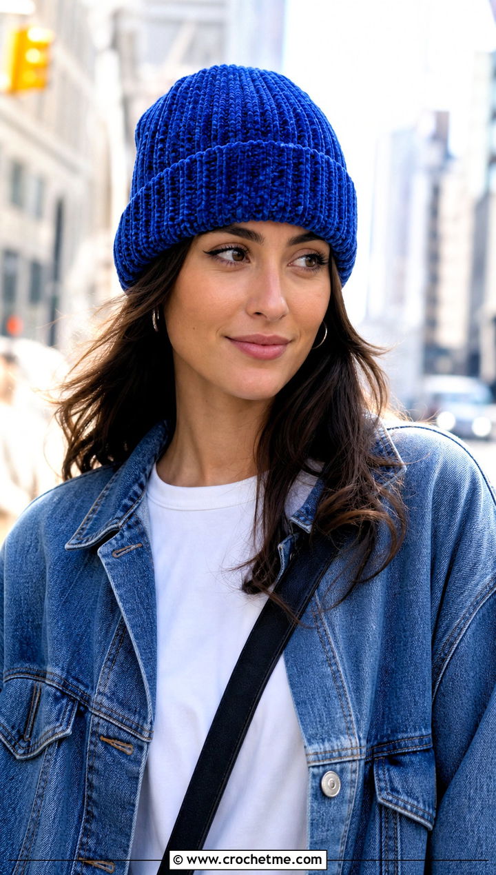 Ribbed Chenille Beanie With Denim Jacket - 30 crochet chenille hat outfit ideas