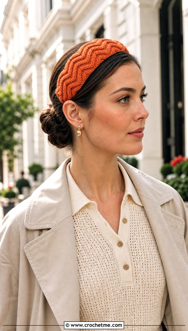 Ribbed Chevron Headband With Trench Coat And Loafers - 15 Crochet Chevron Headband outfit ideas