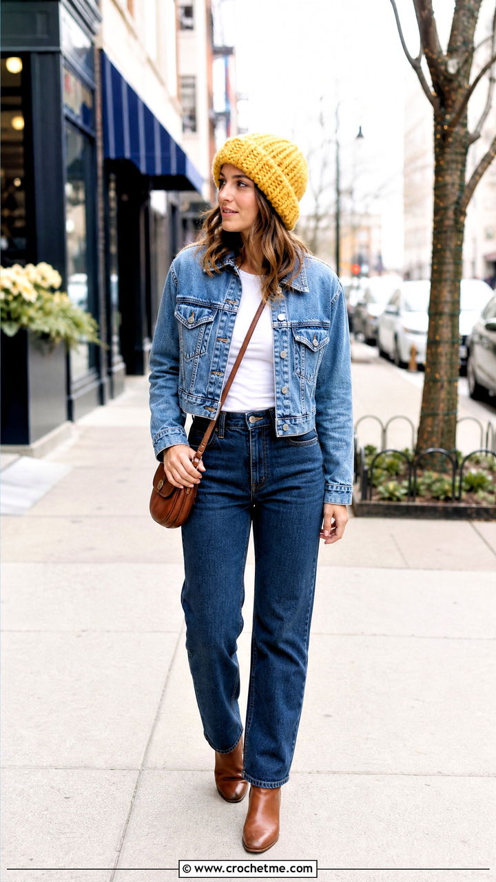 Ribbed Chunky Crochet Beanie With Denim Jacket And Jeans - 35 chunky crochet hat outfit ideas