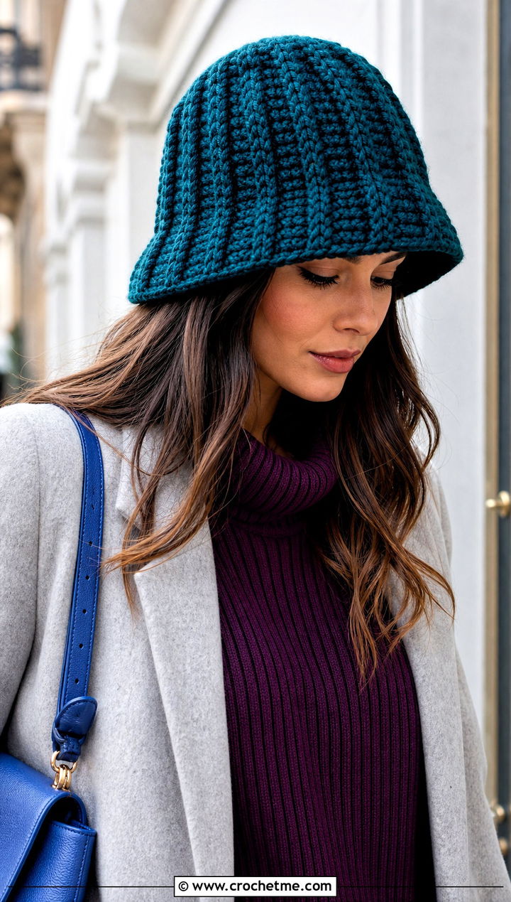 Ribbed Chunky Crochet Bucket Hat With Sweater Dress - 25 Chunky Crochet Bucket Hat outfit ideas