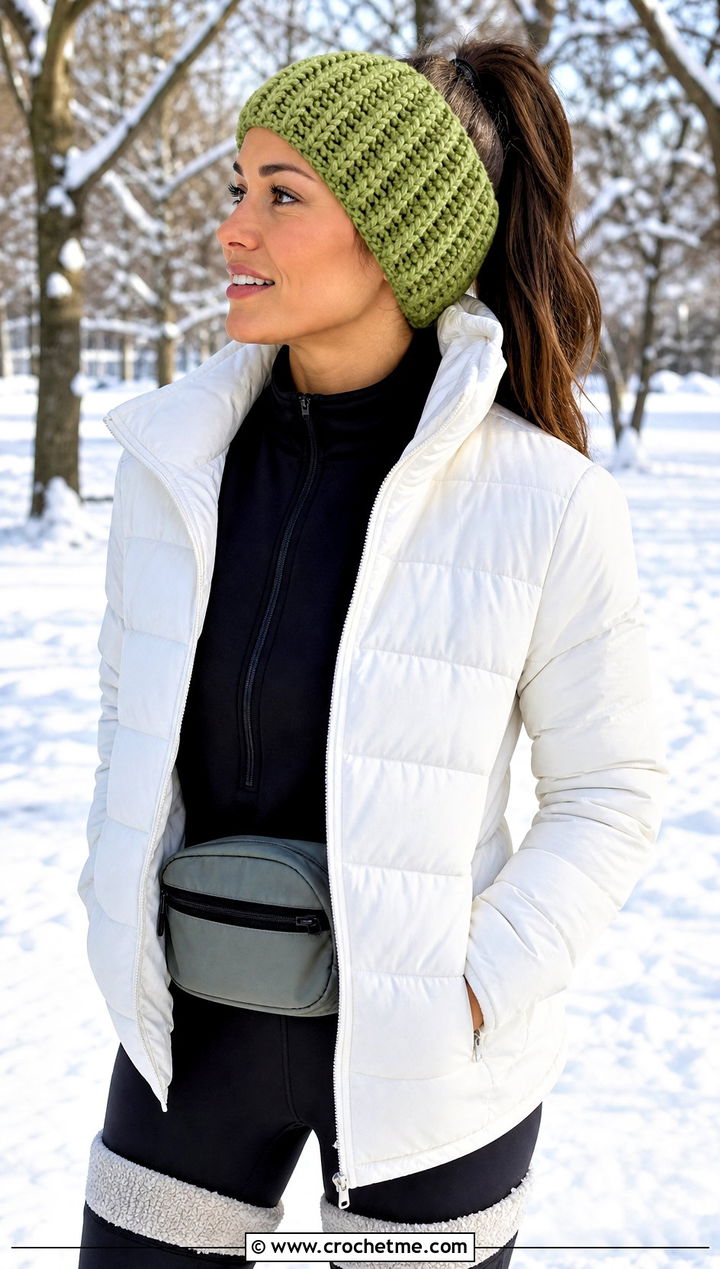 Ribbed Chunky Crochet Ear Warmer With Puffer Jacket - 30 chunky crochet ear warmer outfit ideas