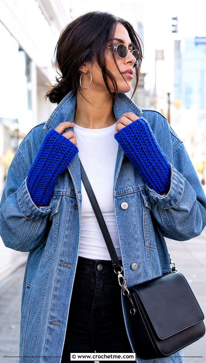 Ribbed Chunky Crochet Fingerless Gloves With Denim Jacket - 30 chunky yarn crochet fingerless gloves outfit ideas