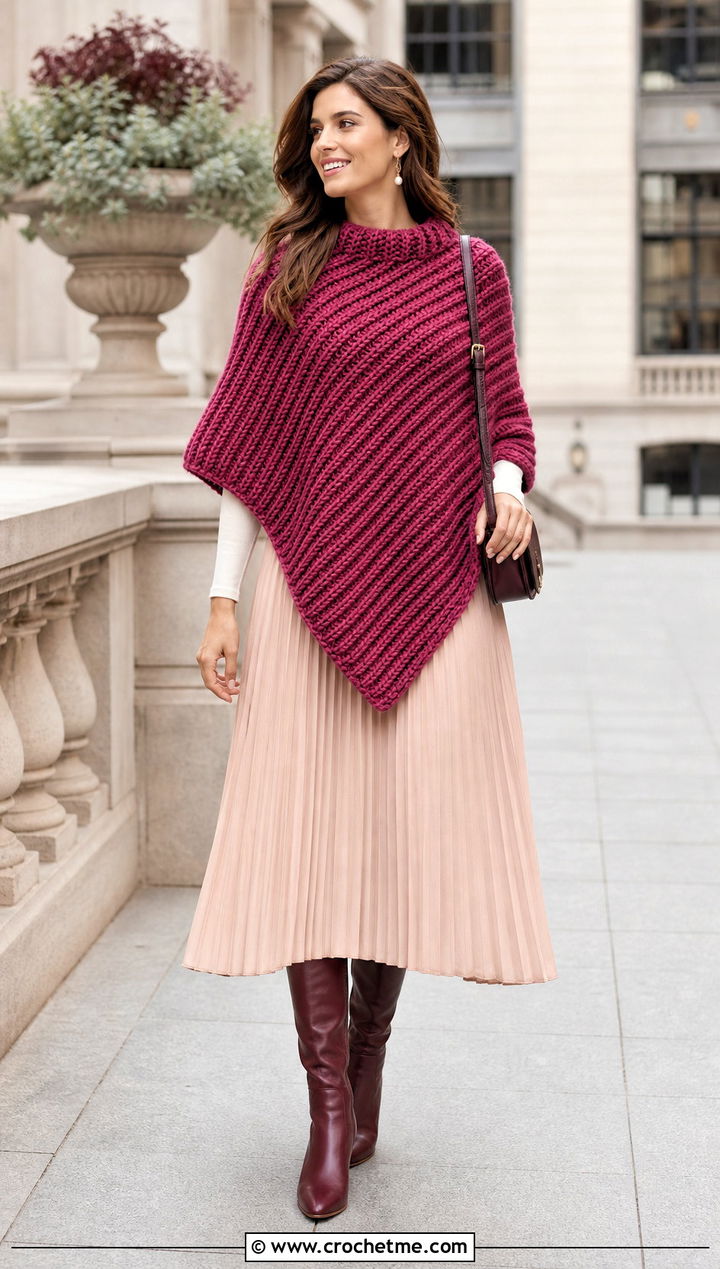 Ribbed Chunky Crochet Poncho With Pleated Midi Skirt - 25 Chunky Yarn Crochet Poncho outfit ideas