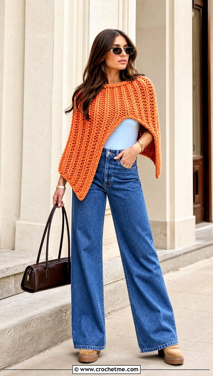 Ribbed Chunky Crochet Poncho With Wide Leg Jeans - 25 Chunky Crochet Poncho outfit ideas