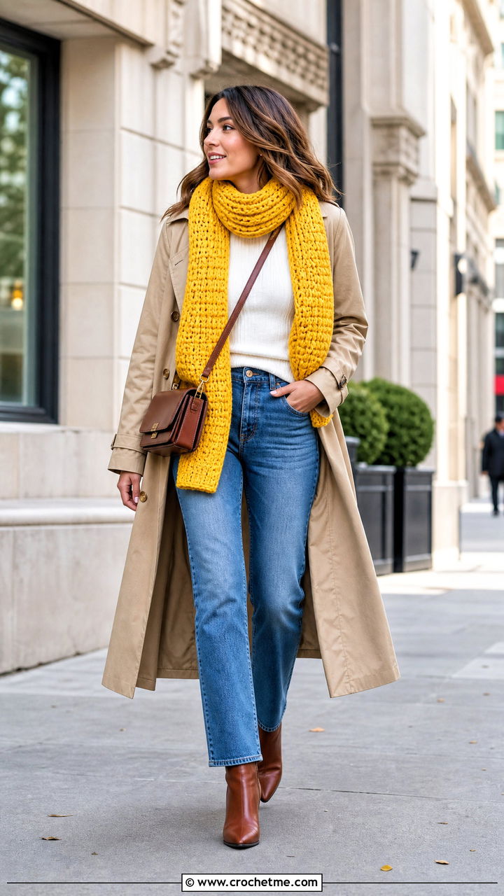 Ribbed Chunky Crochet Scarf With Trench Coat - 35 chunky crochet scarf outfit ideas