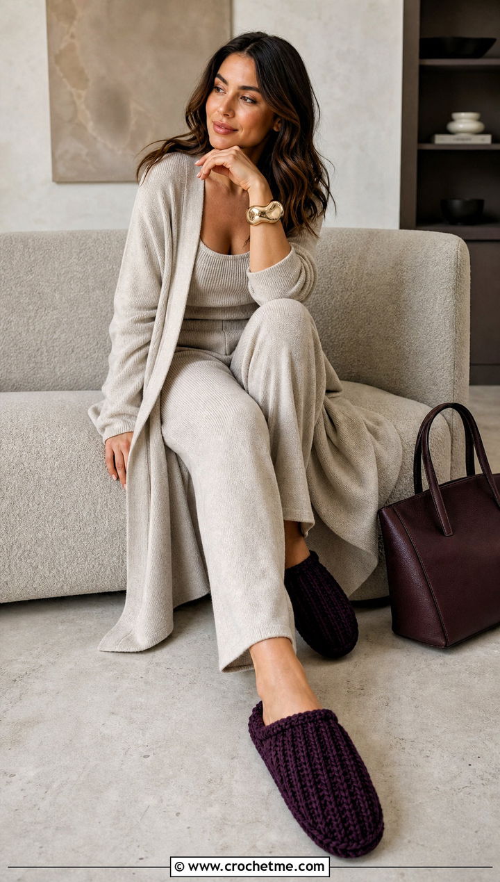 Ribbed Chunky Crochet Slippers With Monochrome Knitwear - 30 chunky crochet slippers outfit ideas