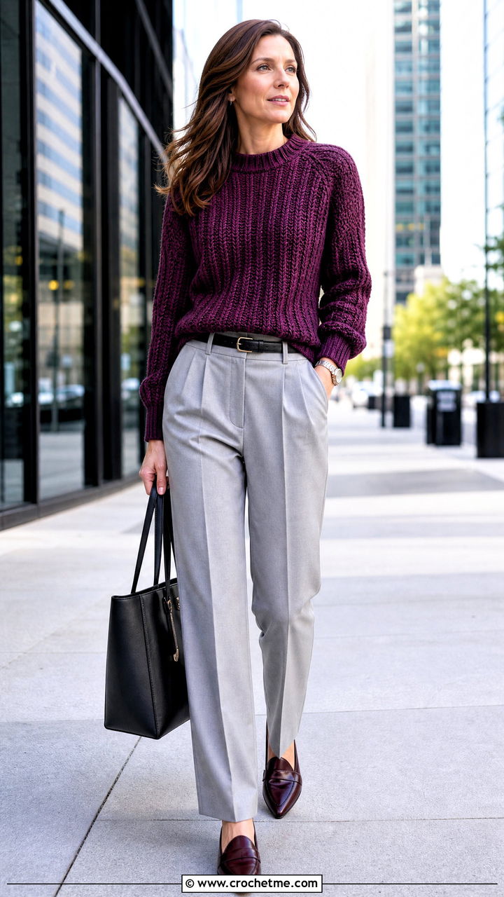 Ribbed Chunky Crochet Sweater With Suit Trousers - 35 chunky crochet sweater outfit ideas