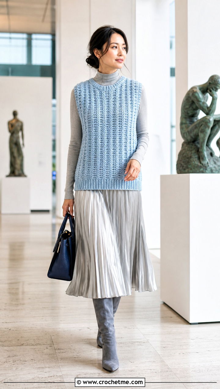 Ribbed Chunky Crochet Vest With Pleated Midi Skirt - 20 Chunky Yarn Crochet Vest outfit ideas