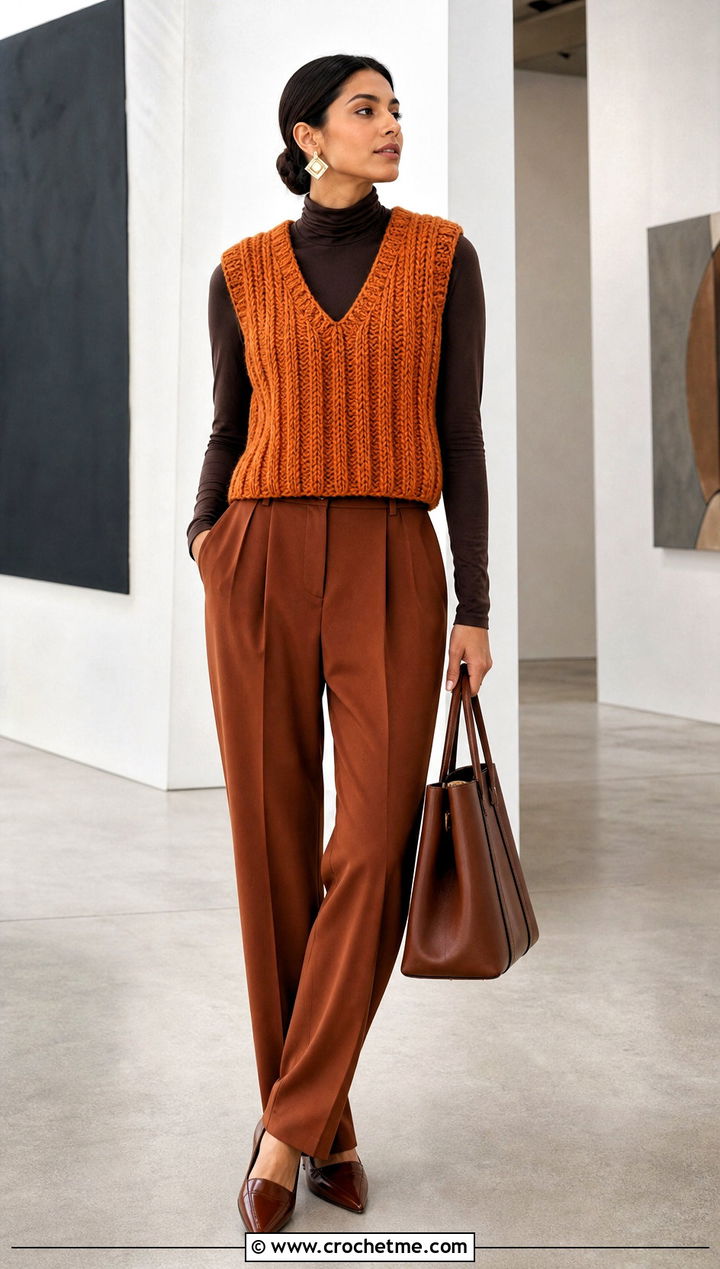 Ribbed Chunky Crochet Vest With Pleated Trousers - 30 crochet chunky vest outfit ideas