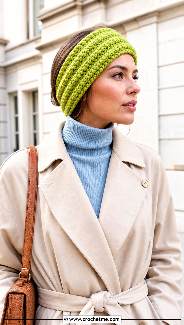 Ribbed Chunky Ear Warmer With Trench Coat - 25 Crochet Chunky Ear Warmer outfit ideas