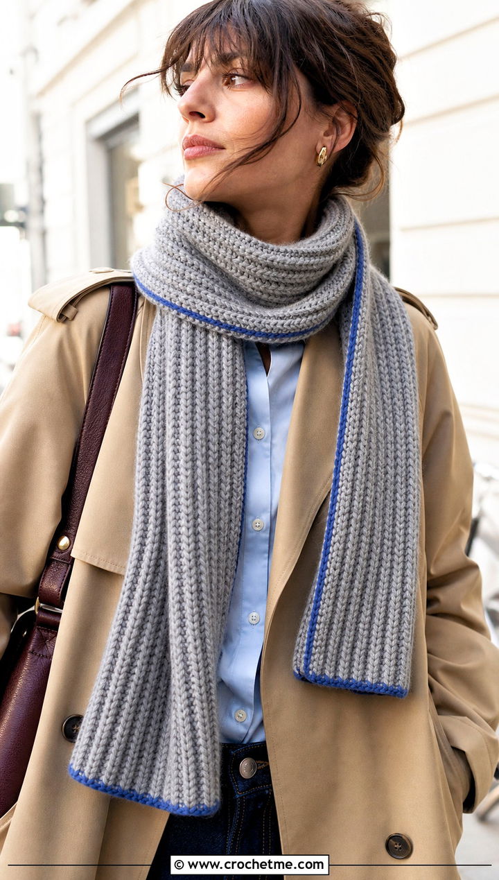 Ribbed Chunky Gray Crochet Scarf With Trench Coat And Jeans - 15 Chunky Gray Crochet Scarf outfit ideas