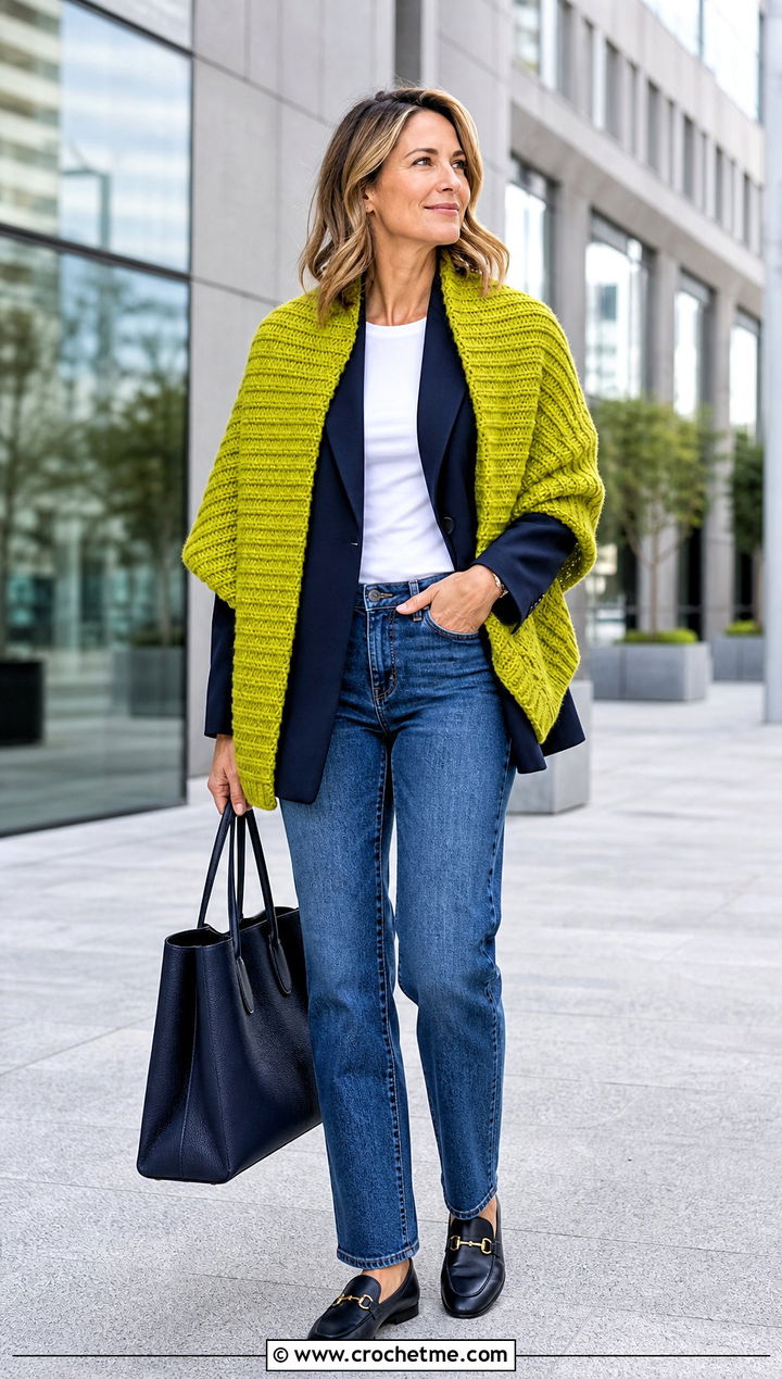 Ribbed Chunky Shawl With Blazer And Jeans - 25 Crochet Chunky Shawl outfit ideas