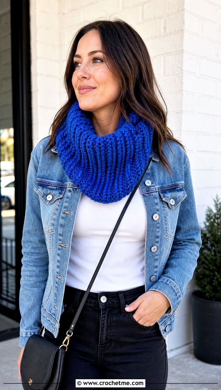 Ribbed Chunky Yarn Crochet Cowl With Denim Jacket - 25 Chunky Yarn Crochet Cowl outfit ideas