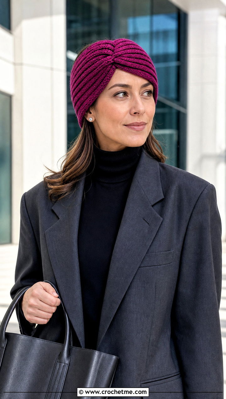 Ribbed Cinched Crochet Ear Wrap With Blazer - 20 crochet ear wrap outfit ideas