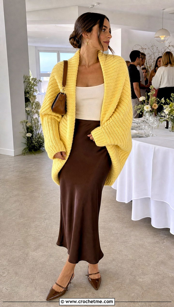 Ribbed Cocoon Blanket Sweater With Satin Midi Skirt - 30 crochet blanket sweater outfit ideas