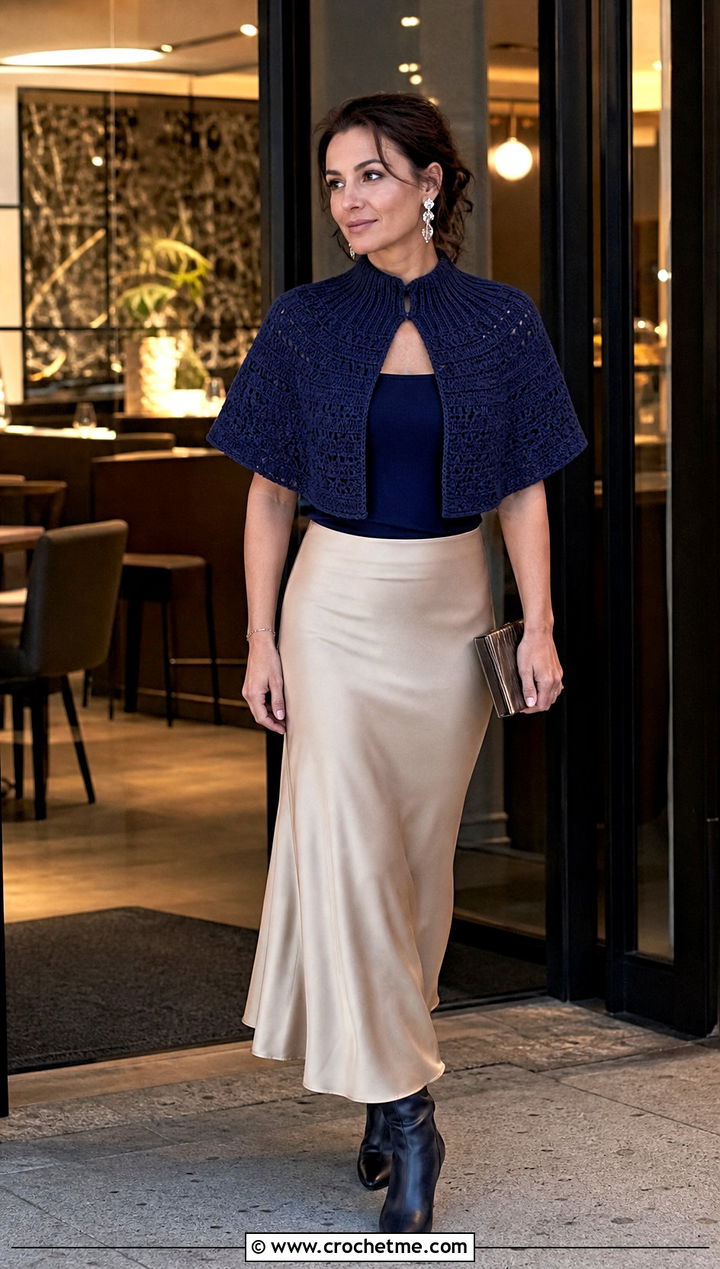 Ribbed Collar Circular Shrug With Slip Skirt - 30 crochet circle cardigan outfit ideas