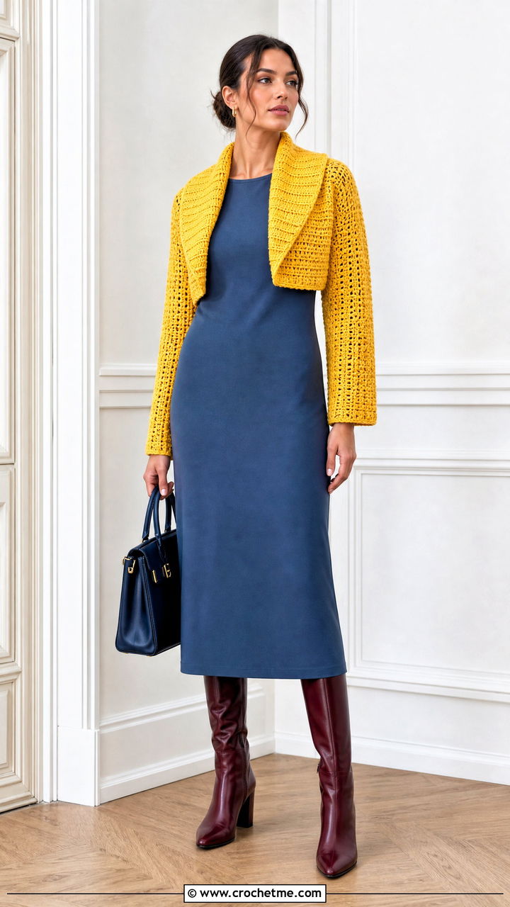 Ribbed Collar Crochet Bolero With Column Dress - 35 crochet bolero outfit ideas