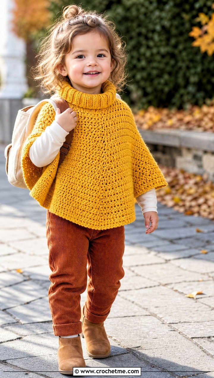 Ribbed Collar Crochet Carseat Poncho With Corduroy Pants - 25 Crochet Carseat Poncho outfit ideas