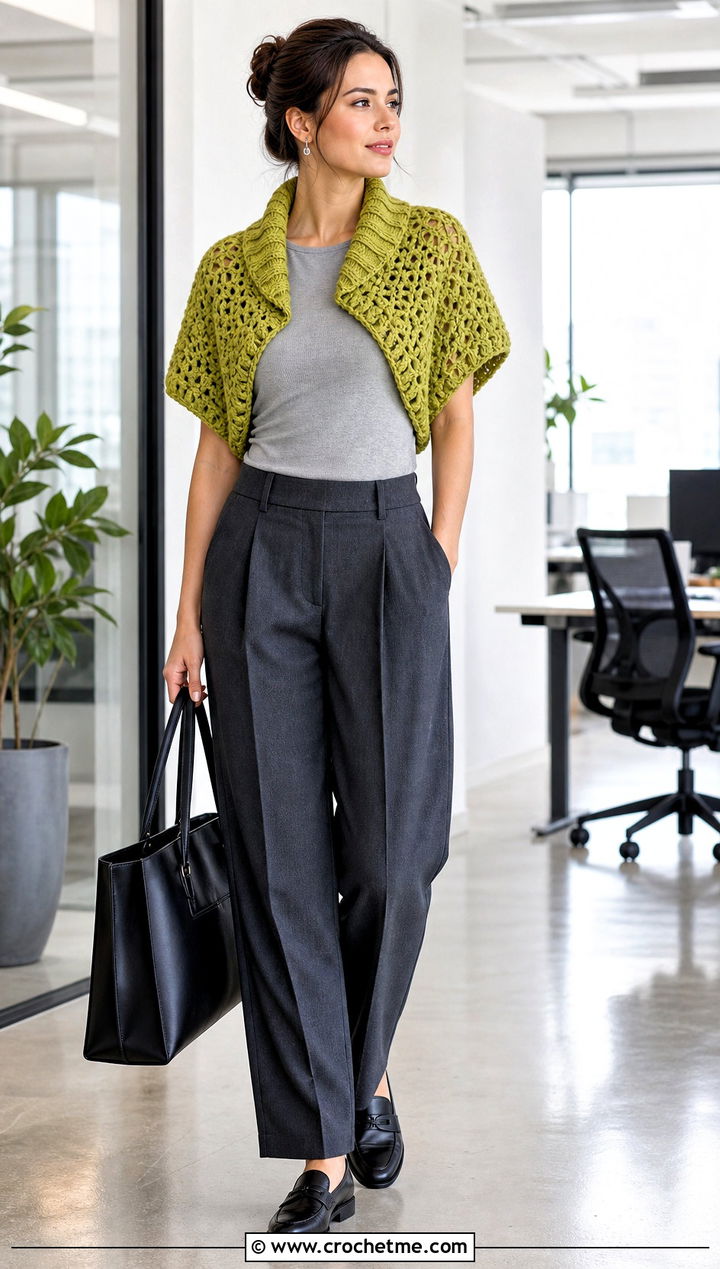 Ribbed Collar Crochet Cocoon Shrug With Tailored Trousers - 30 crochet cocoon shrug outfit ideas